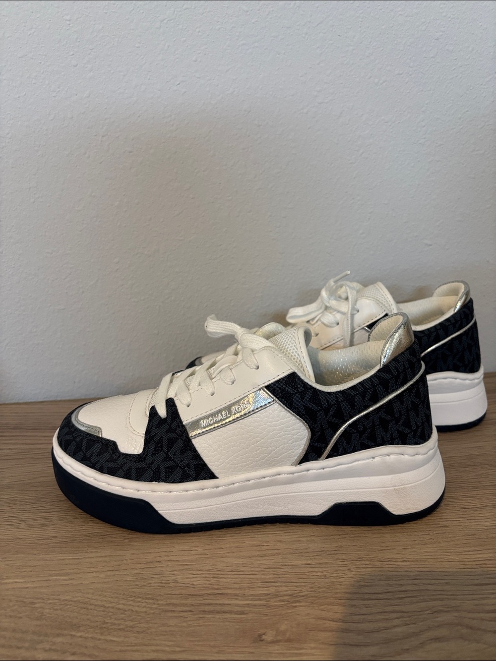 Michael Kors White, Black and Silver MK Logo Platform Sneakers